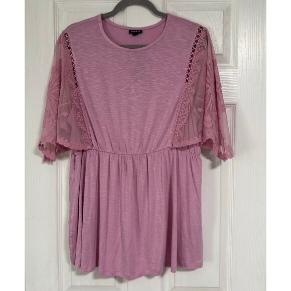 Torrid New Mauve Knit Crew Neck Lace Dolman Sleeve Baby Doll Top Size 1 - Picture 1 of 16